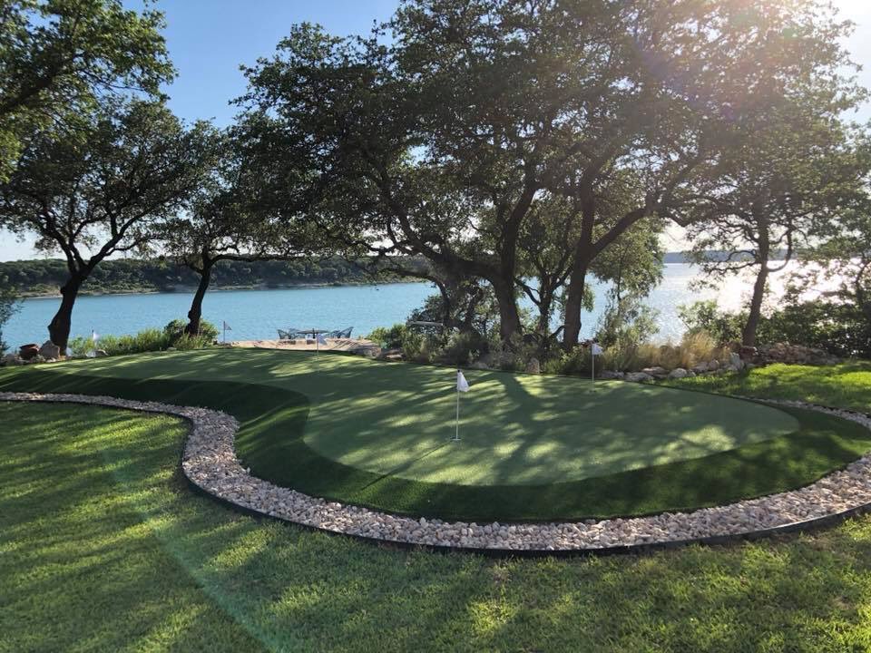synthetic golf green in Austin, TX overlooking Lake Belton