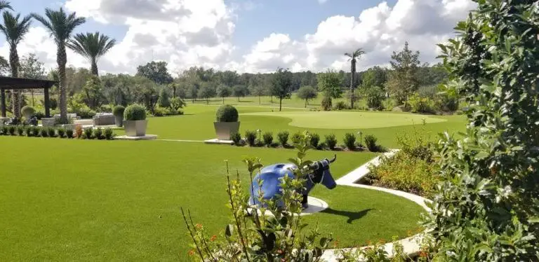 10,000 sq ft private Texas estate with artificial grass lawn, landscaped gardens, and a custom putting green by Celebrity Greens®