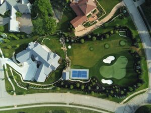 overhead view of backyard golf complex