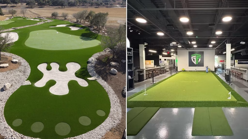 Outdoor backyard short game green side by side with an indoor putting green