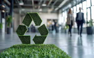 Recycling symbol made out of turf standing in front of a square of artificial grass