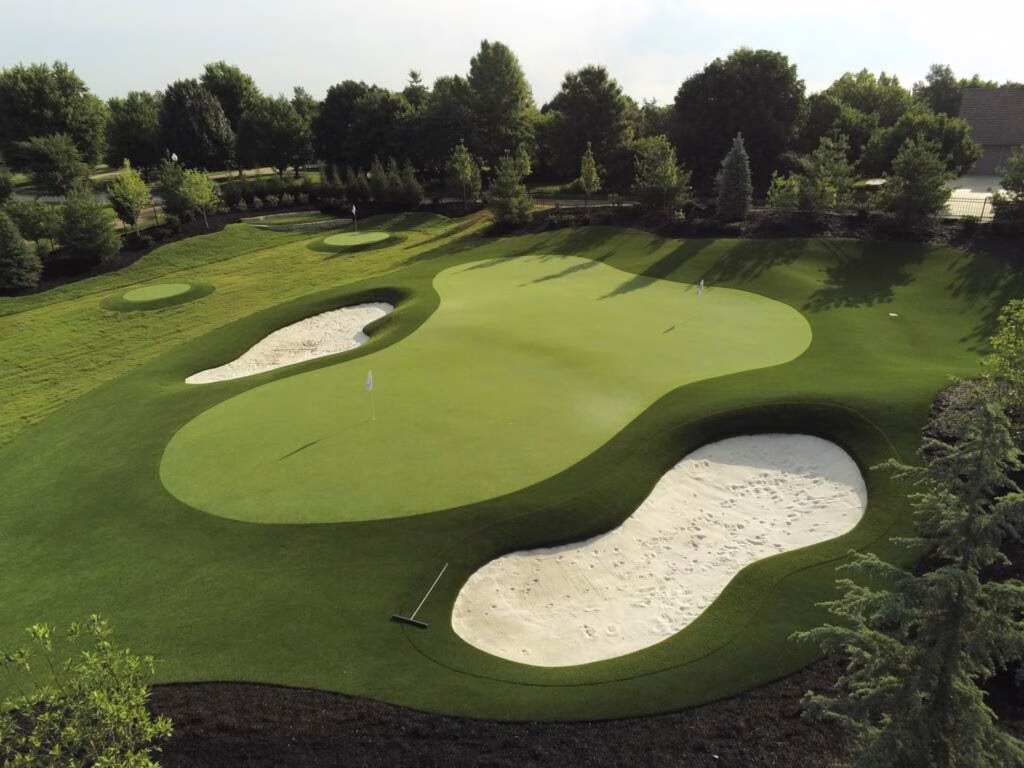 Aerial view of a complex green multi-zone practice area
