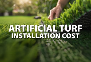 A close up of artificial turf being installed blurred in the background with the words “artificial turf installation cost” superimposed over it